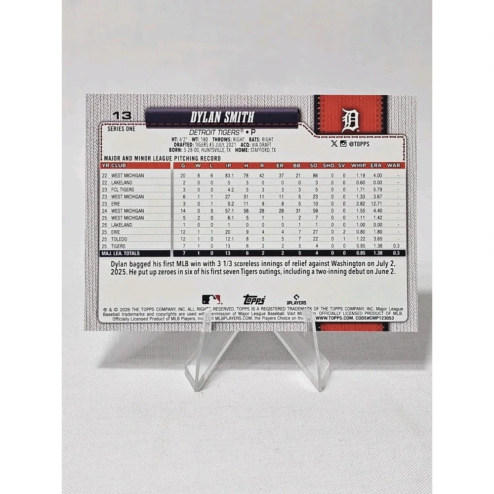 Dylan Smith 2026 Topps Series 1 Baseball Holofoil Detroit Tigers (RC) #13